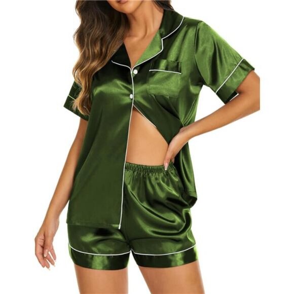 Women's Satin Silk Pajamas Set Short Sleeve Button Down Top